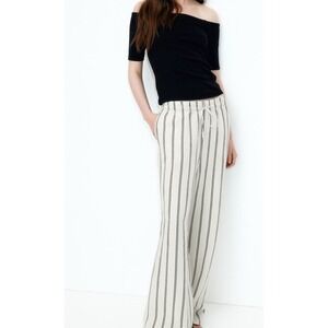 NWT H&M Linen Blend Striped Wide Leg Pants XL Elastic Waist Drawstring Classic